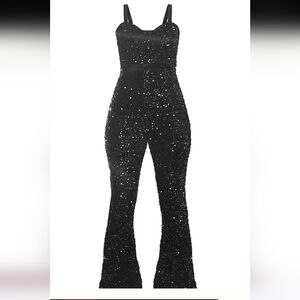 Prettylittlething Black Velvet Sequin Flare Waistband Strappy Jumpsuit
